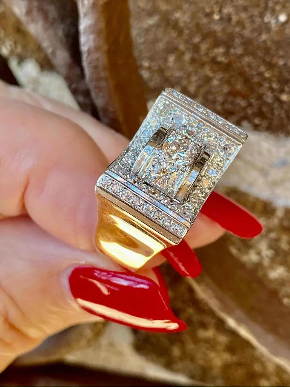 Platinum and 18k Gold Diamond Tank Ring